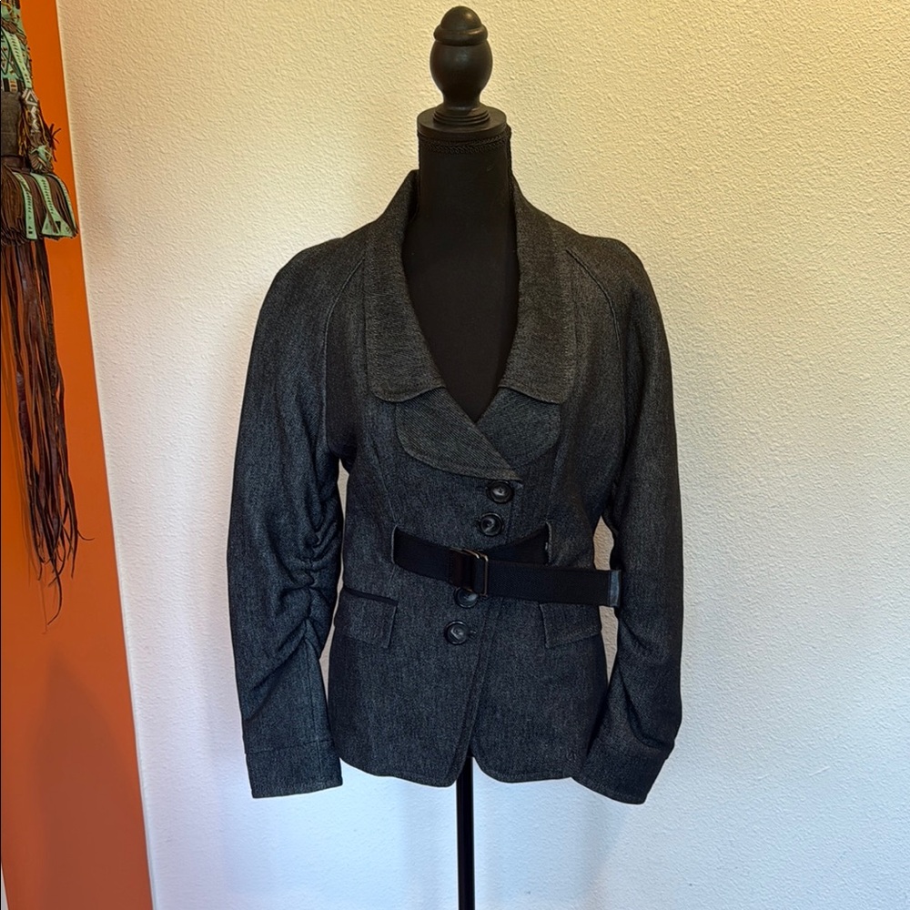 Cop.Copine Black Blazer with Shawl Collar and Belted Waist